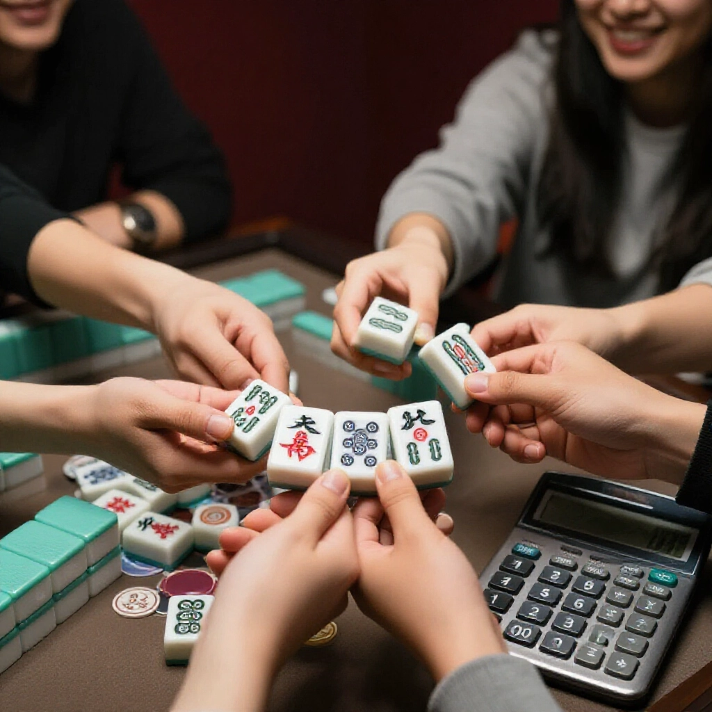 麻將勝牌特寫,手握三元牌跟風牌,計算機顯示底30加5台等80籌碼,朋友們笑鬧交換中燈光柔和