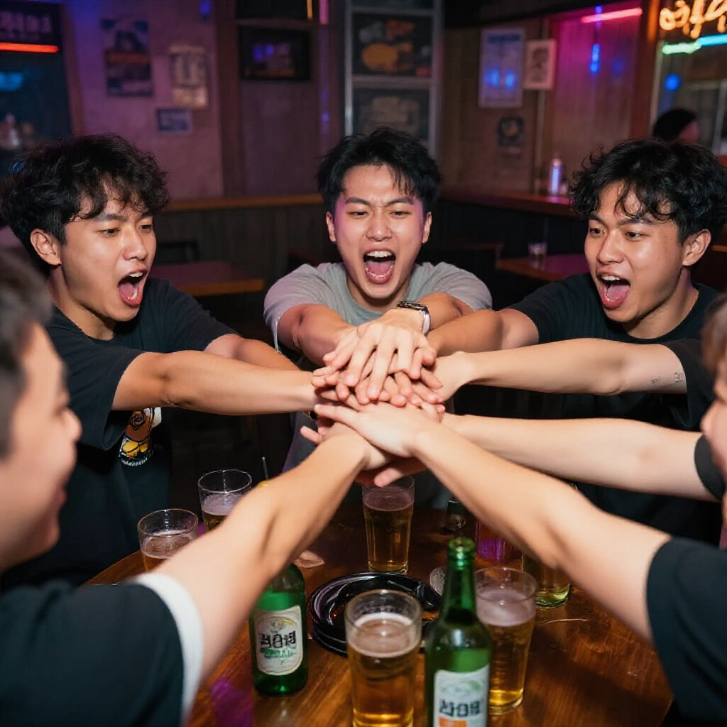 Korean-style APT game with three players stacking hands in center shouting rhythmically in trendy Taipei bar soju beer mixes on table dynamic hand movements intense eye contact pulsating nightlife mood