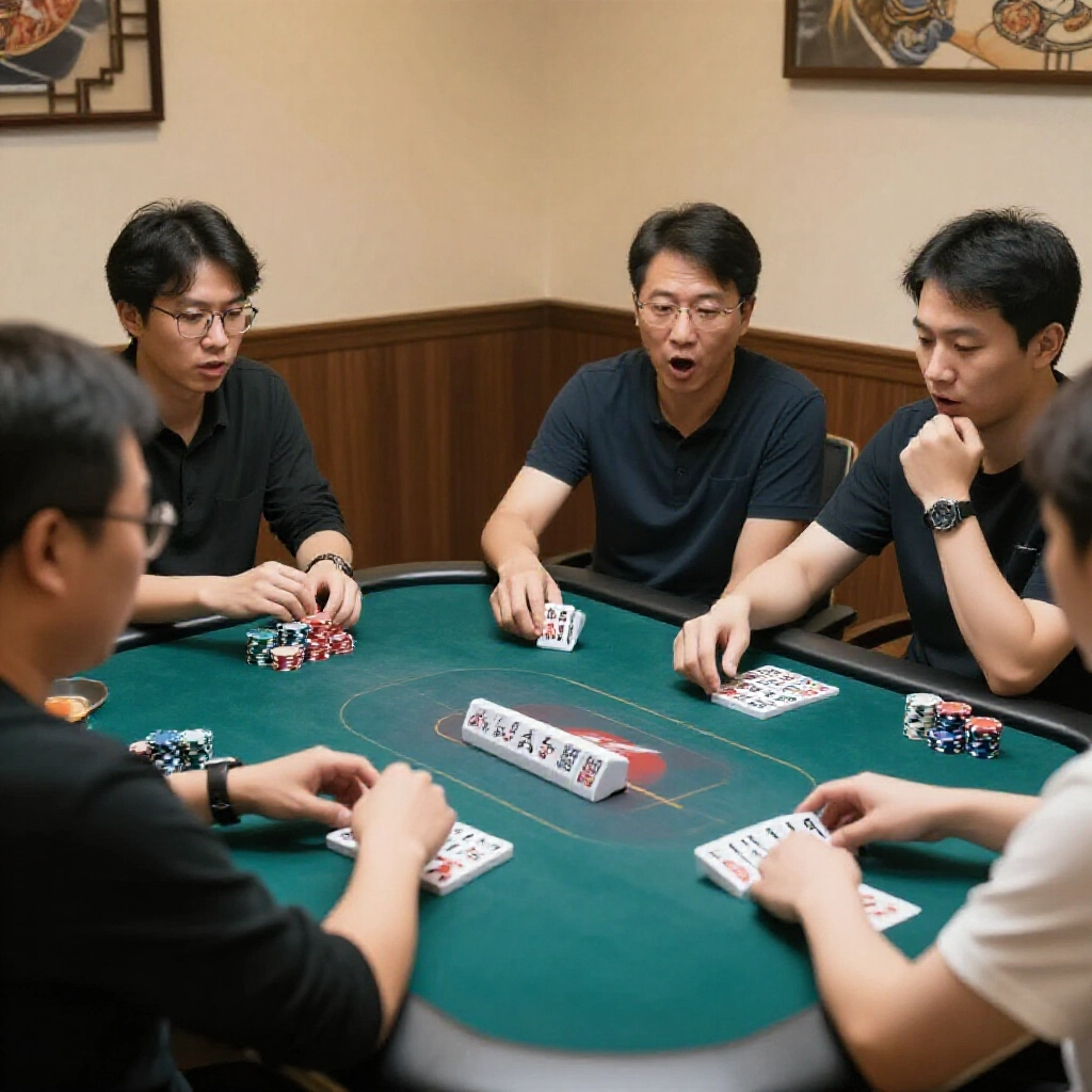 四位玩家圍傳統台灣撲克桌,一人自信喊出一條龍,其他人驚訝開牌,周邊籌碼堆疊溫馨房間