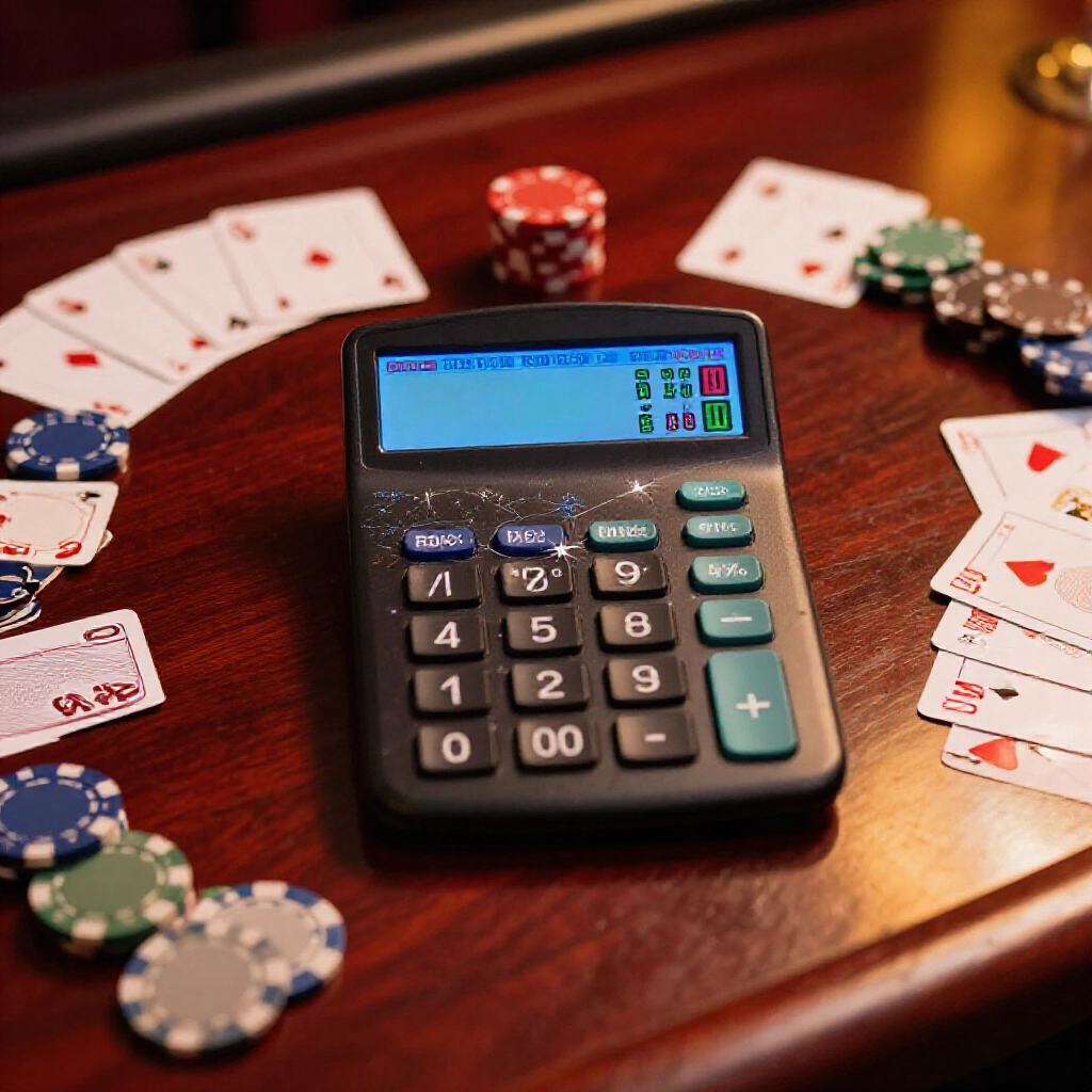 calculator screen showing baccarat bet totals multiplied by rebate percentages surrounded by playing cards and casino tokens on a sleek wooden desk under warm ambient light