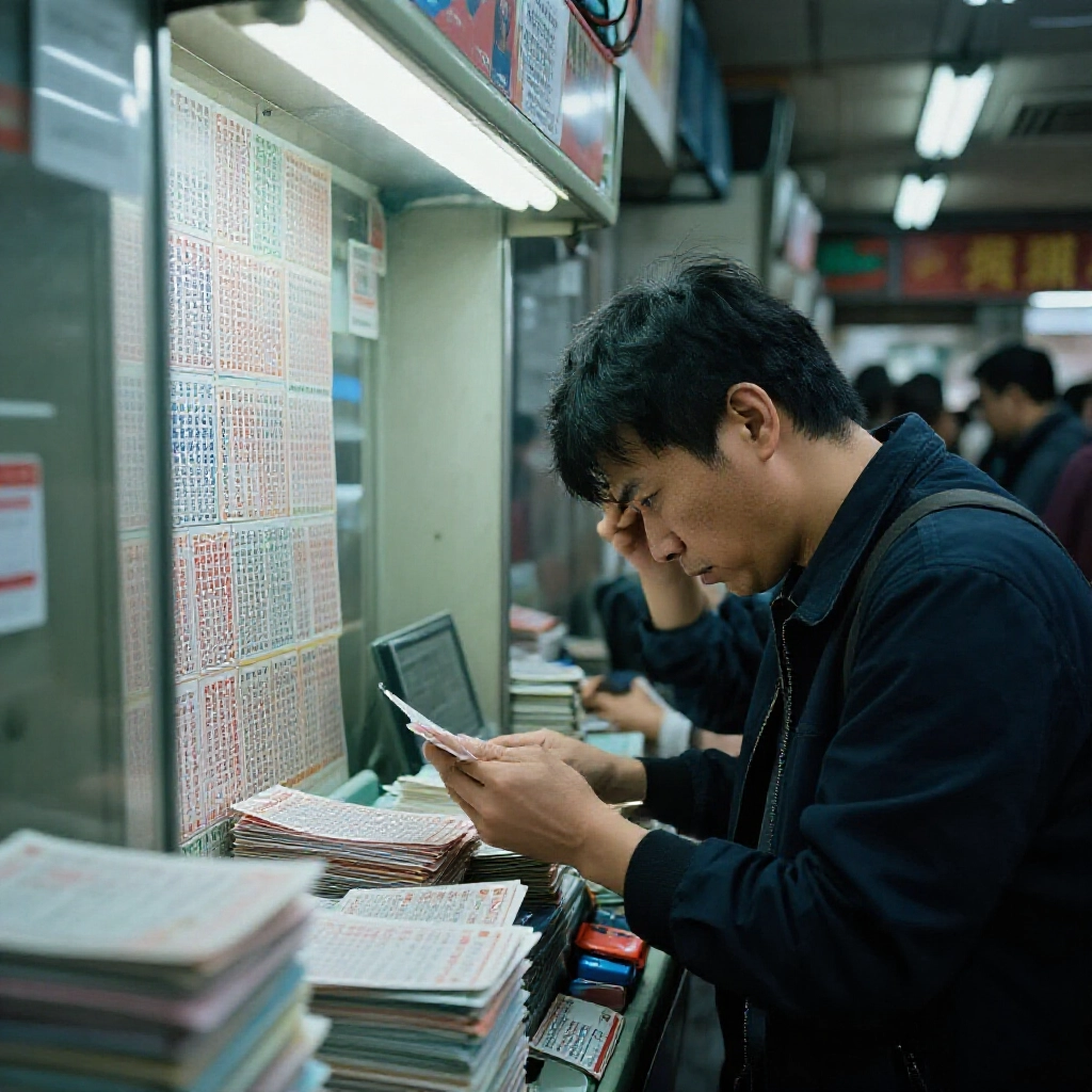 frustrated taiwanese player scratching multiple gua gua le tickets at a crowded lottery kiosk with stacks of unsold packs and dim fluorescent lighting creating tense atmosphere