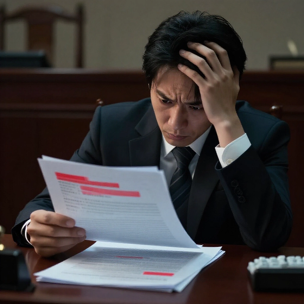擔憂人士檢視台灣賭博法規文件,紅色警示標記與法庭陰影營造緊張氛圍