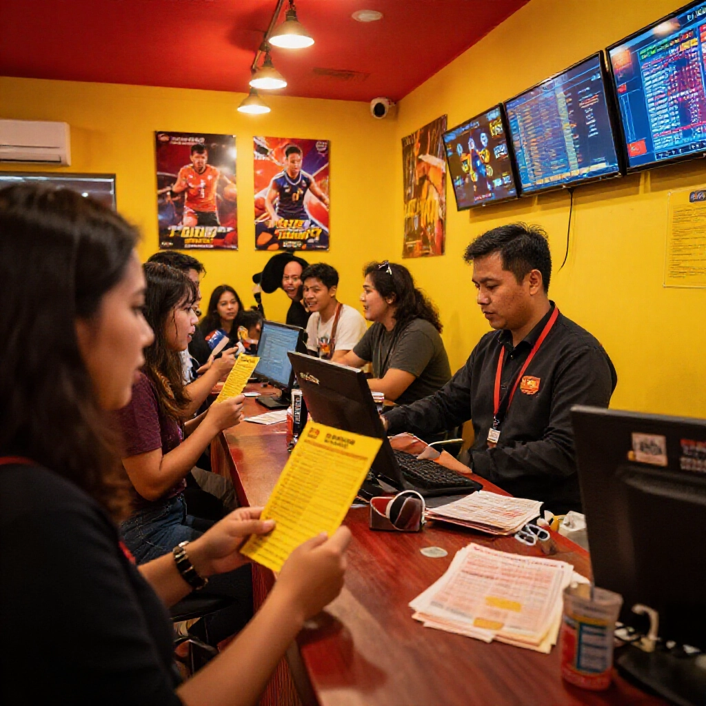 熱鬧台灣運彩投注店內部，顧客手持黃色投注單，溫暖紅黃燈光下店員櫃檯協助，牆上海報興奮人群聊天活力氛圍