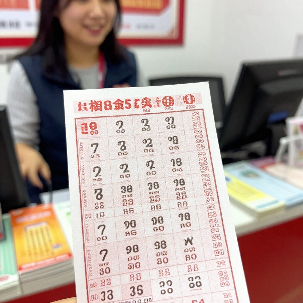 系統包牌風格標記七個號碼的彩票選號單特寫，櫃檯上微笑的收銀員與附近堆疊的彩色彩票