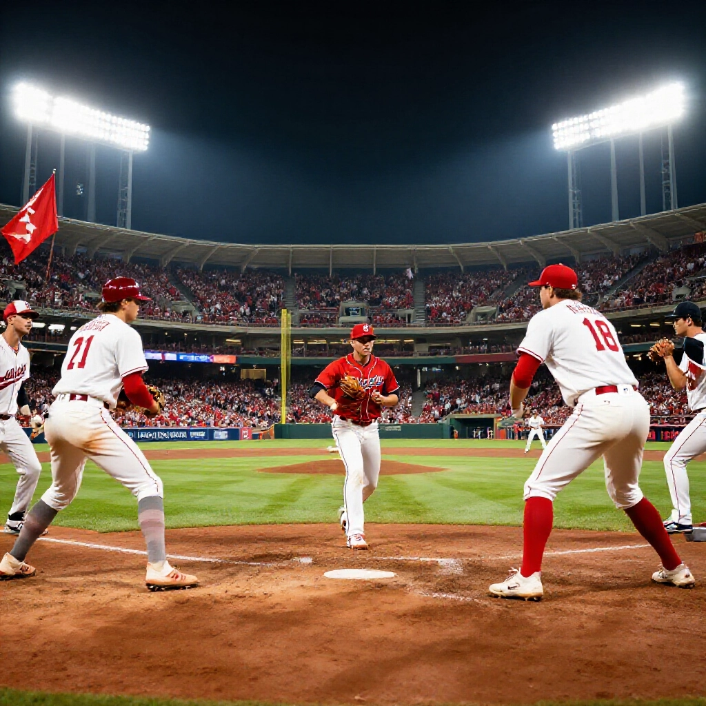 高能量MLB棒球場夜間比賽,明亮泛光燈下投手準備,擊球手就位,緊張人群揮旗,戲劇性陰影,紅白隊色,場上揚塵