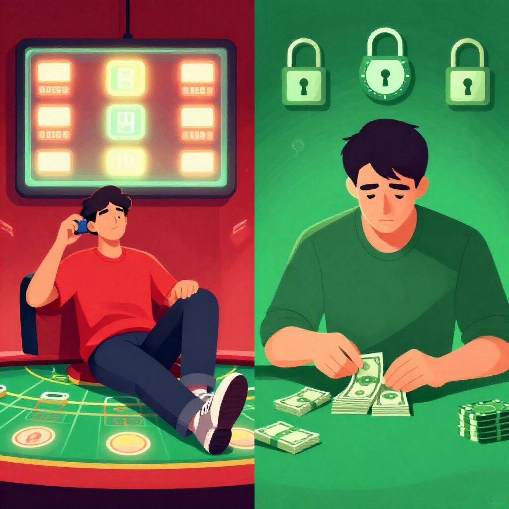 分割畫面插圖：一邊輕鬆玩家在發光信用螢幕上自由下注，另一邊謹慎玩家數現金並有安全鎖與計時器，對比紅綠色調