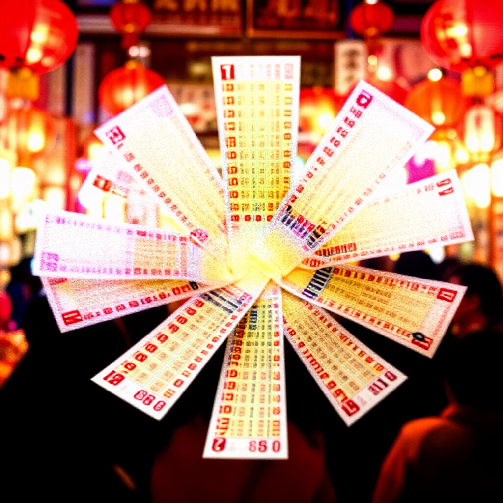 台灣投注站內熱鬧的樂透票,七個突顯號碼爆發成多組組合,紅燈籠金黃燈光與歡樂顧客