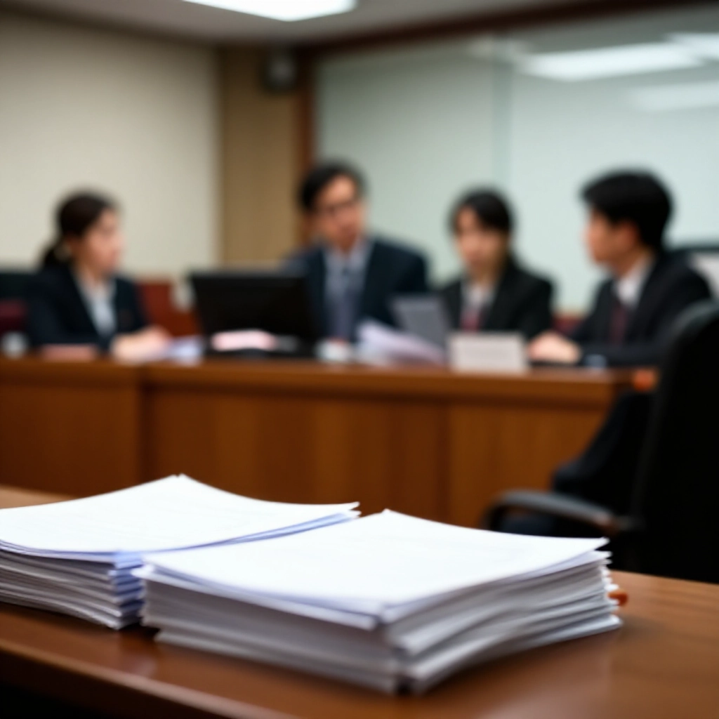 緊張法庭場景,模糊文件與擔憂人士在現代台灣辦公室諮詢律師,昏暗燈光下木桌堆滿法律文件