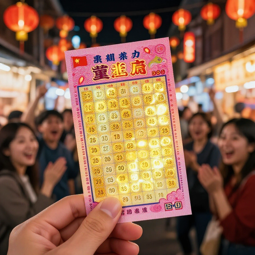 充滿活力的台灣彩券票券,閃耀金色中獎號碼,周圍興奮玩家在夜市紅燈籠下歡樂氛圍