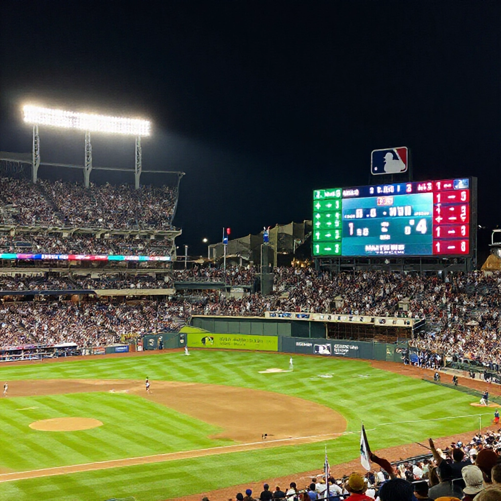 夜晚熱鬧的MLB棒球場館,觀眾歡呼、強光照亮球場,大型計分板顯示美金盤賠率,正負號綠紅閃爍