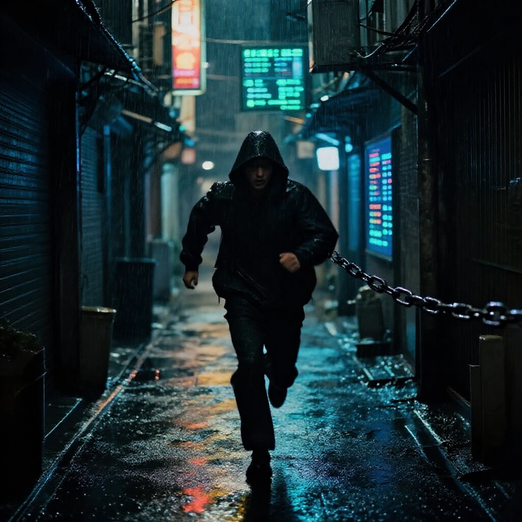 陰影人影在台灣雨夜小巷狂奔,逃離發光的數位帳本螢幕與斷裂鎖鏈,昏暗霓虹燈下緊張焦慮氛圍