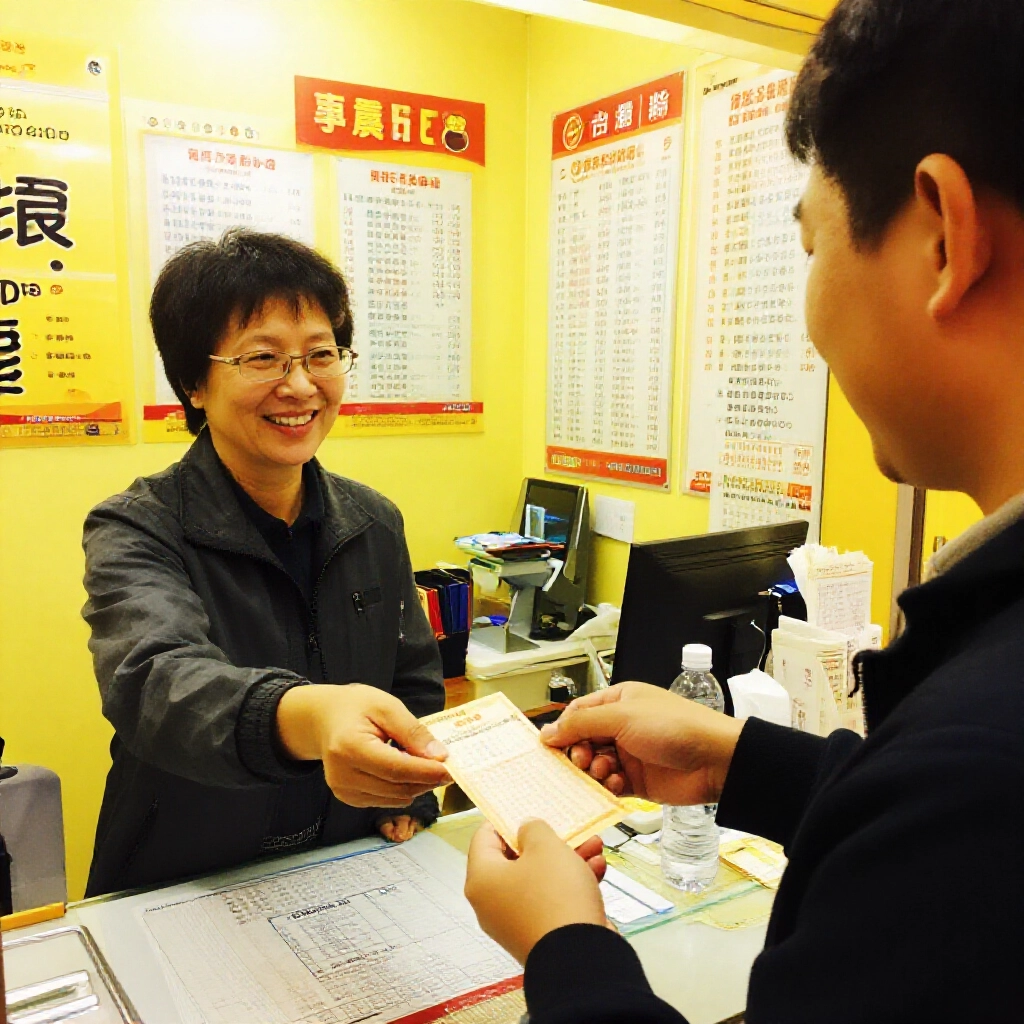 台灣彩券行顧客兌領中獎彩券現金，燈光明亮店員微笑，官方海報溫暖黃光氛圍