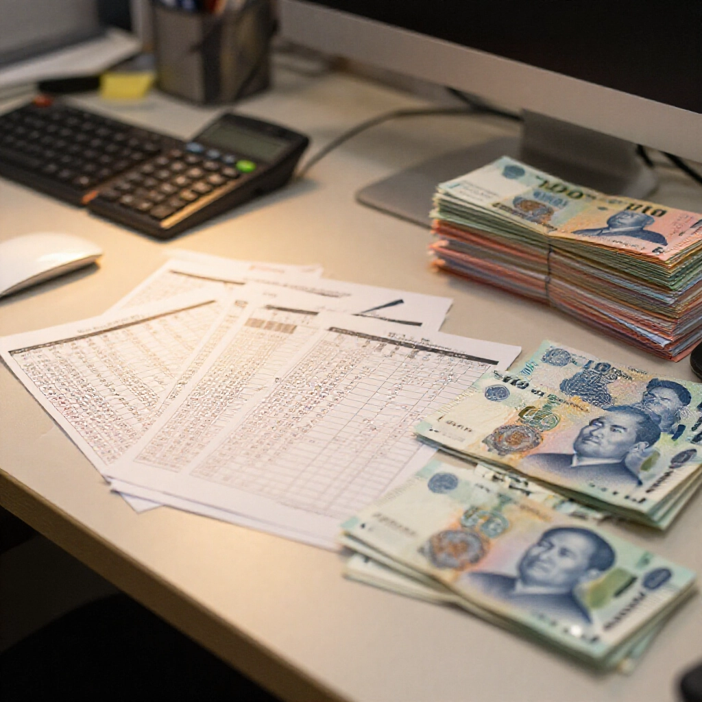 專業辦公桌堆滿彩票單據、計算機與成疊台幣鈔票,在溫暖頂燈下柔和陰影突顯成本計算