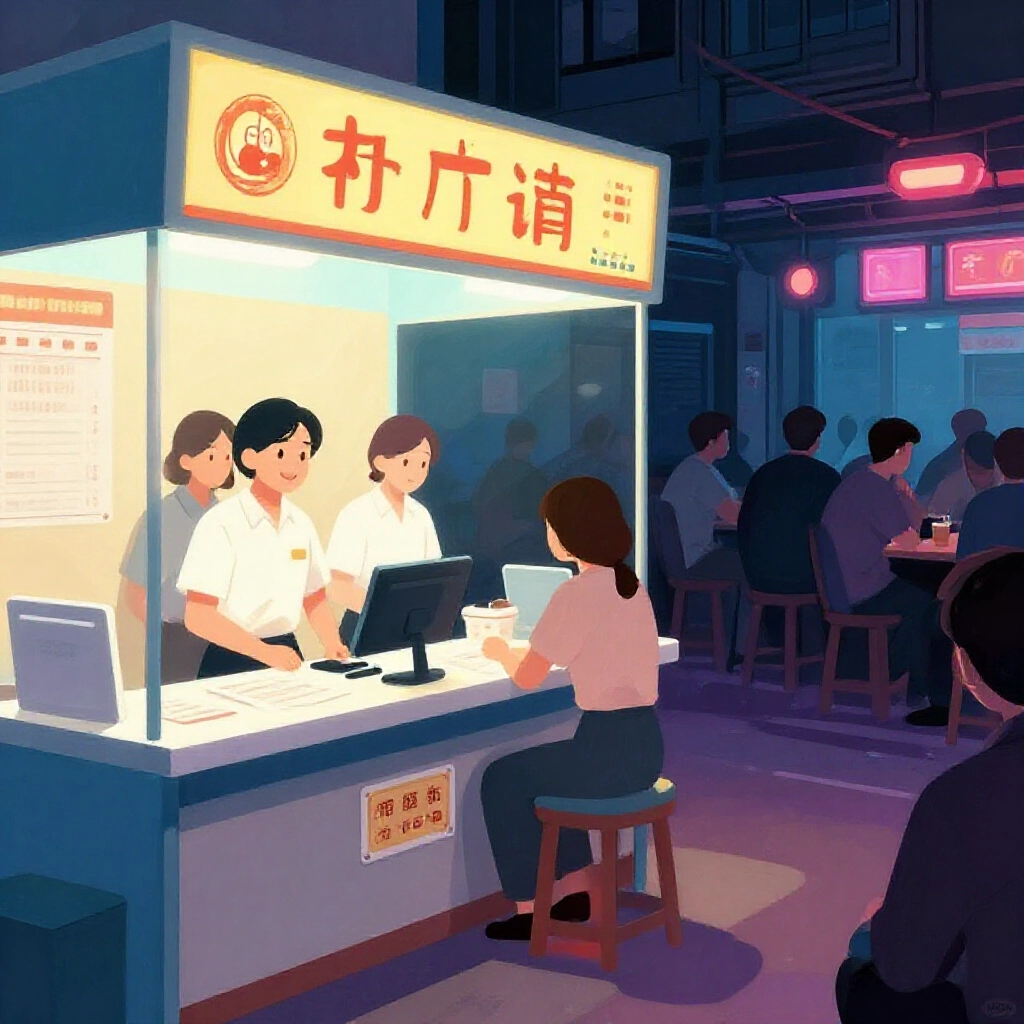 官方樂透攤位明亮有序微笑員工,對比地下投注陰影角落緊張玩家,台灣都市夜晚昏暗霓虹燈景象