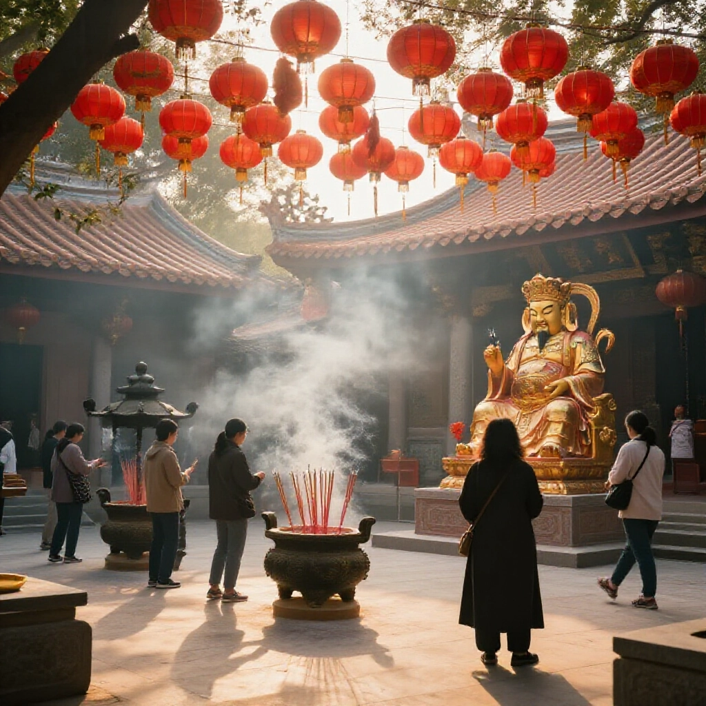 黎明台灣廟宇庭院，柔和金色陽光穿過紅燈籠，香爐煙霧裊裊，信眾點香拜財神像