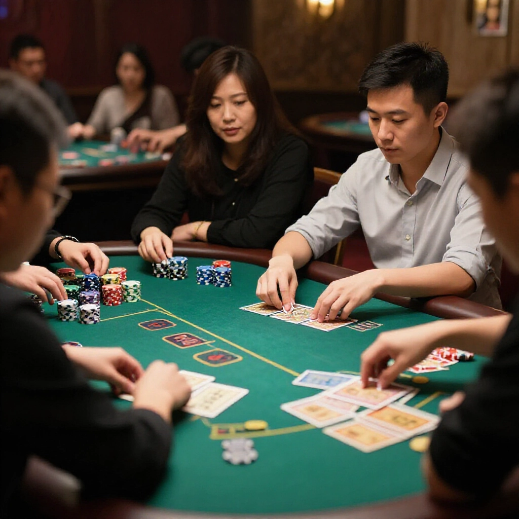 燈光昏暗的賭場21點桌，專注的台灣玩家分析牌面，綠色桌布上堆疊彩色籌碼，緊張的策略氛圍