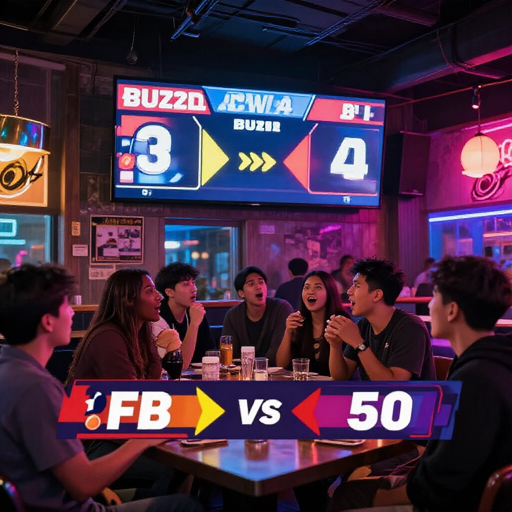 動畫籃球終場蜂鳴器場景,計分板顯示比分差距箭頭與讓分比較,圖形疊加,現代運動酒吧顧客專注觀看,五彩霓虹燈映照喜悅與緊張