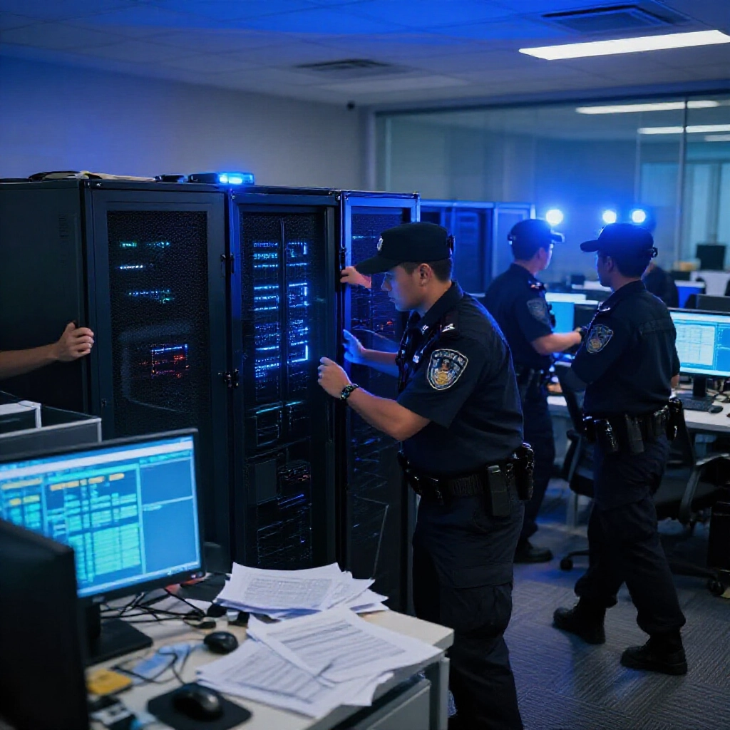 警察突襲現代辦公室場景,身穿深色制服的警員扣押發光的電腦伺服器與資料螢幕,周圍散落文件,在閃爍藍色緊急燈光下,調查氛圍緊張