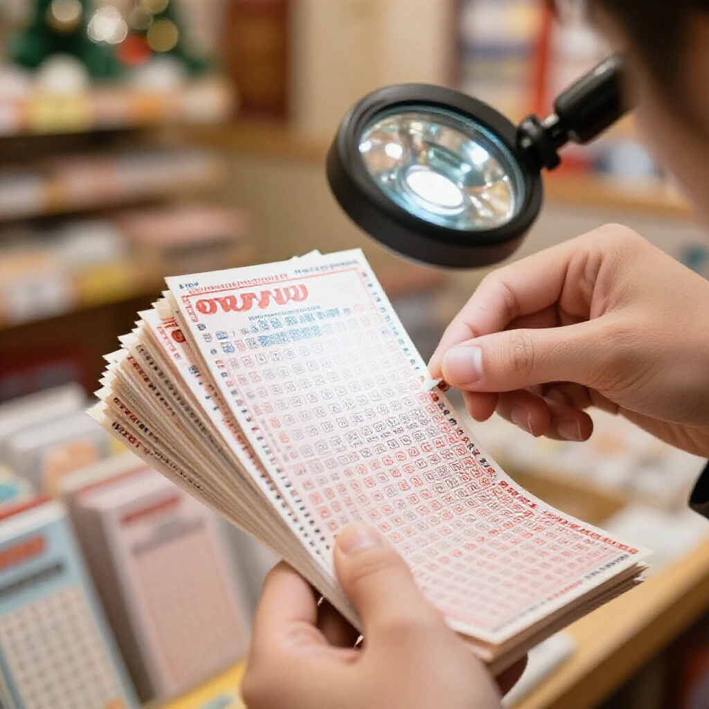 彩券店內近拍，手仔細挑選刮刮樂彩券，聚焦序號與代碼，放大燈光照明，背景模糊節慶裝飾