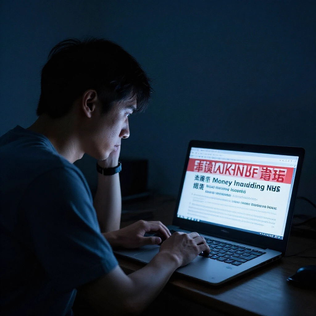 昏暗房間中焦慮男子盯著筆電螢幕,顯示台灣洗錢醜聞新聞標題數十億資產被查扣,緊張氛圍藍色調