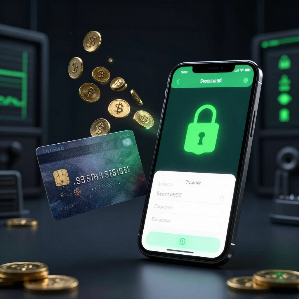安全 USDT 錢包轉帳介面顯示於智慧型手機旁銀行卡,昏暗安全房間綠色成功指示與數位幣流動
