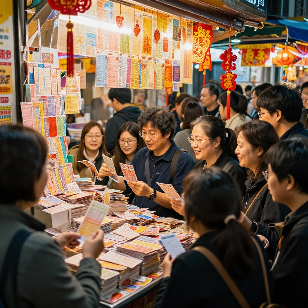 熱鬧台灣彩券投注站,多元顧客微笑選購彩券,溫暖霓虹燈光與紅色幸運裝飾營造傍晚繁忙氛圍
