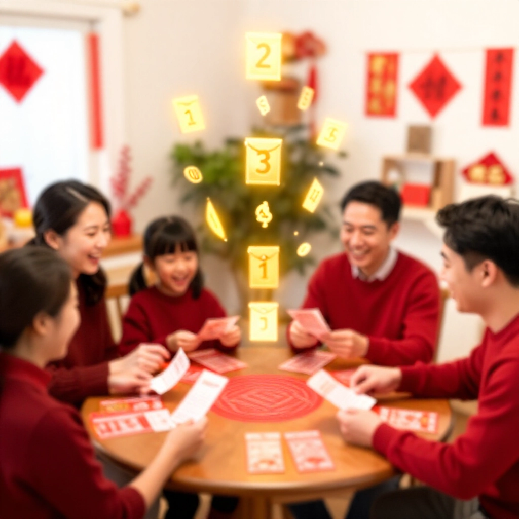 歡樂台灣人圍桌查票,金色獎金符號飄浮匹配號碼,春節客廳紅包裝飾充滿家庭笑聲