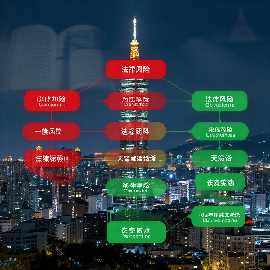 法律風險紅色危險區與綠色安全路徑的緊張決策樹流程圖,台灣夜間城市景觀伴隨微妙法典陰影