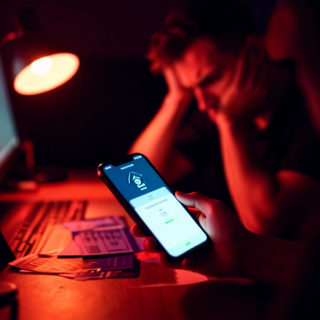 沮喪投注者檢查手機 App 顯示足球賽後尚未派彩狀態,疊加雨延賽、VAR 審核、資料載入圖示,緊張氛圍、昏暗檯燈紅橘色調、散亂投注單