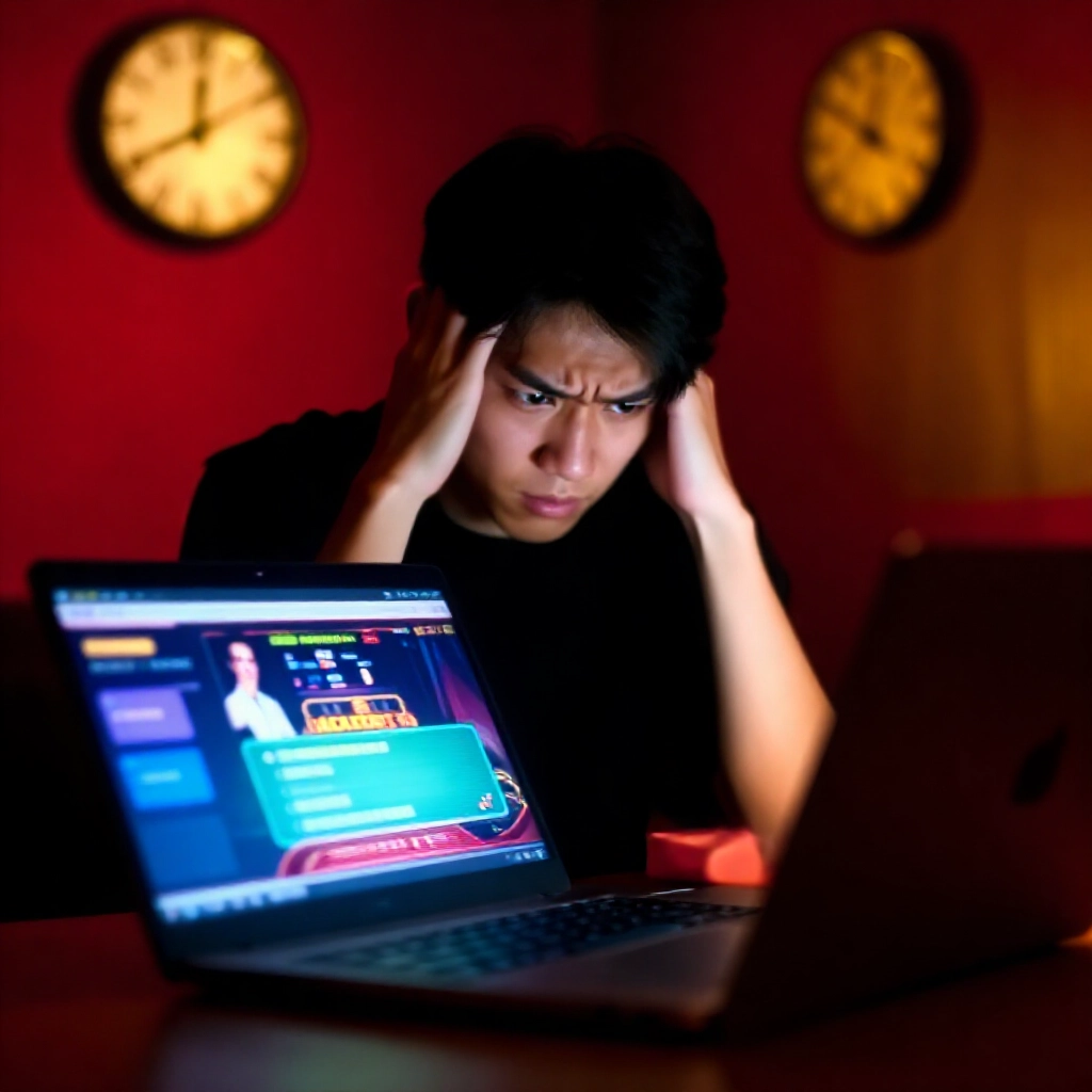 沮喪的台灣年輕男子在昏暗房間盯著筆電螢幕，顯示線上百家樂遊戲桌與聊天泡泡及可疑荷官時鐘