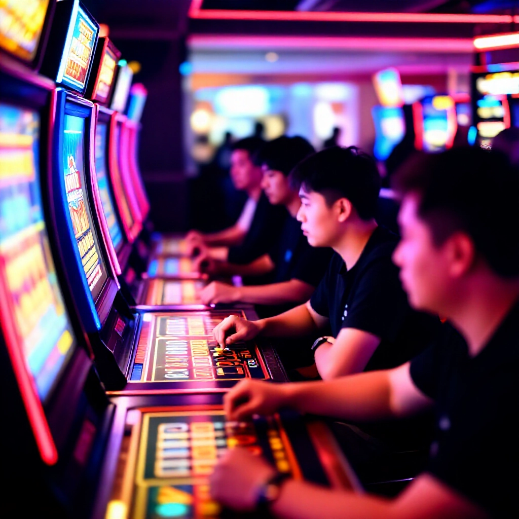 百家樂與悟空老虎機等多元遊戲機特寫,專注玩家傾身,閃爍燈光鮮豔色彩,緊張專注氛圍
