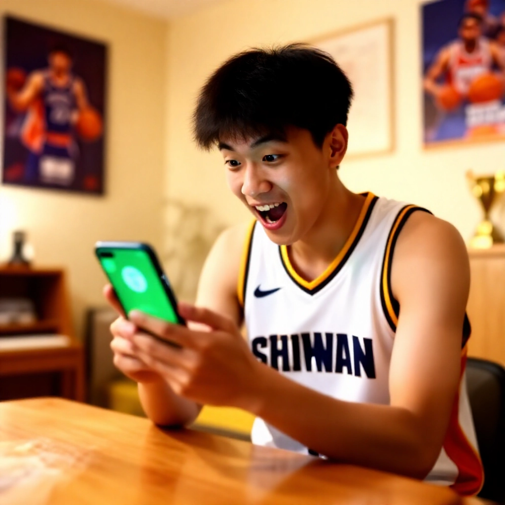 年輕台灣投注者穿運動球衣,在明亮客廳興奮查看籃球賽後手機綠色派彩確認畫面,周圍有球隊海報與獎盃,溫暖金黃燈光充滿活力