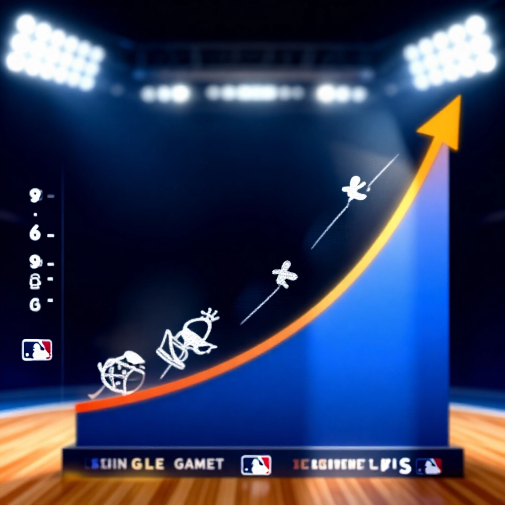 單場投注低派彩與多場串關爆發成長曲線的動態比較圖,NBA與MLB圖示在明亮球場燈光下,展現槓桿效應視覺化