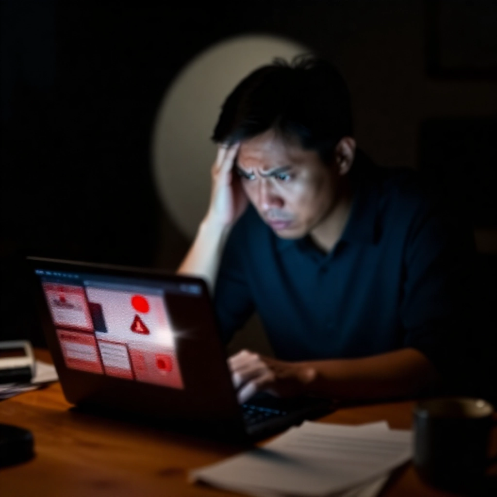 擔心的台灣成年人在昏暗房間內,盯著滿是紅色警告圖示、受害者證詞與詐騙統計圖表的筆電螢幕,木桌上散亂著筆記與咖啡杯