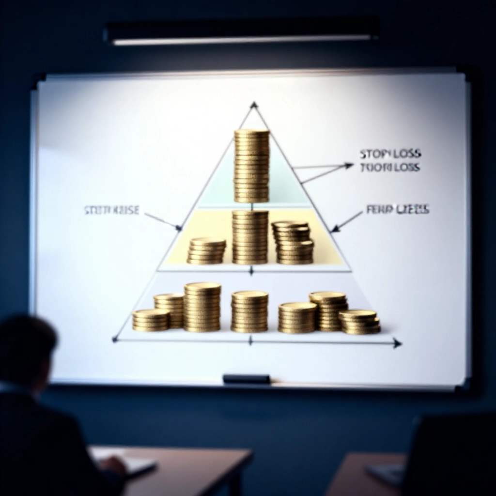白板上的策略金字塔圖示,堆疊金幣代表風險等級和資金分配,箭頭指向止損區,在昏暗策略室中,喚起計算決策的緊張感