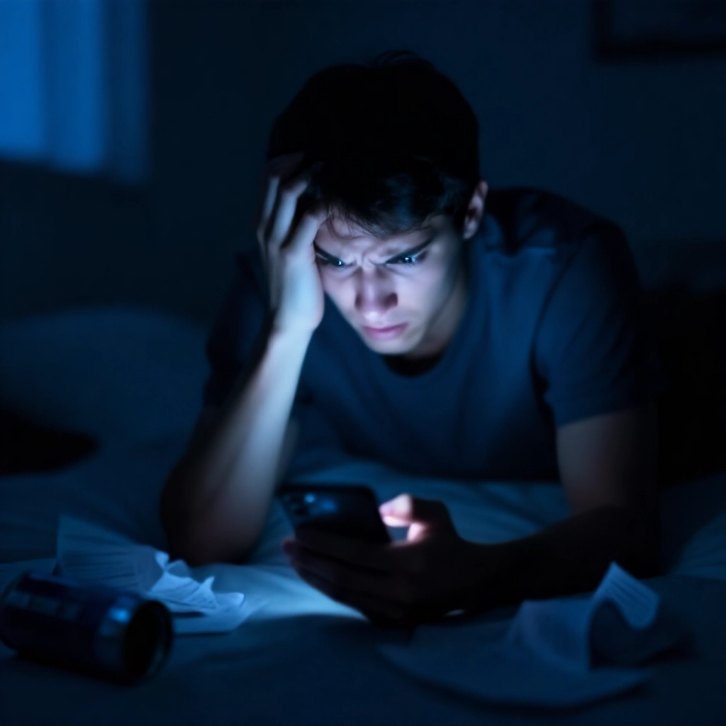 深夜房間內焦慮的年輕男子顫抖雙手刪除手機賭博App,周圍散落紙團空罐,藍光映照緊急決心