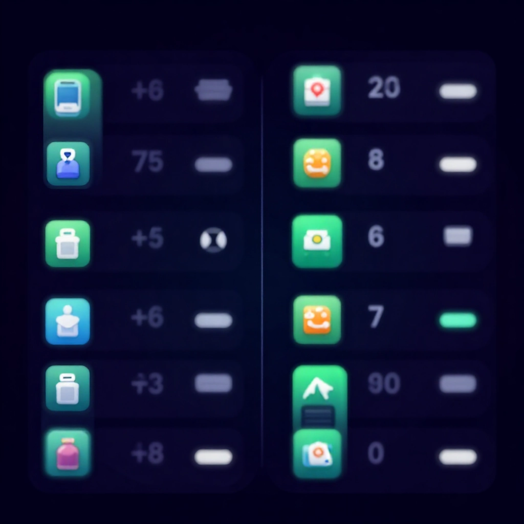 各種21點App圖示詳細比較圖表,行動裝置並排顯示速度與UI指標,深色模式賭場背景