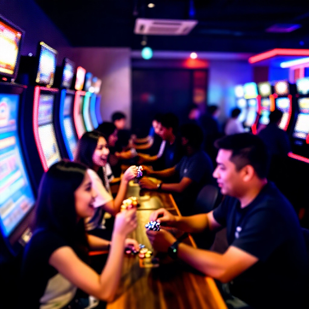 熱鬧遊戲廳內部,員工在櫃檯與興奮玩家交換籌碼,周圍色彩繽紛的機台,柔和燈光動感能量