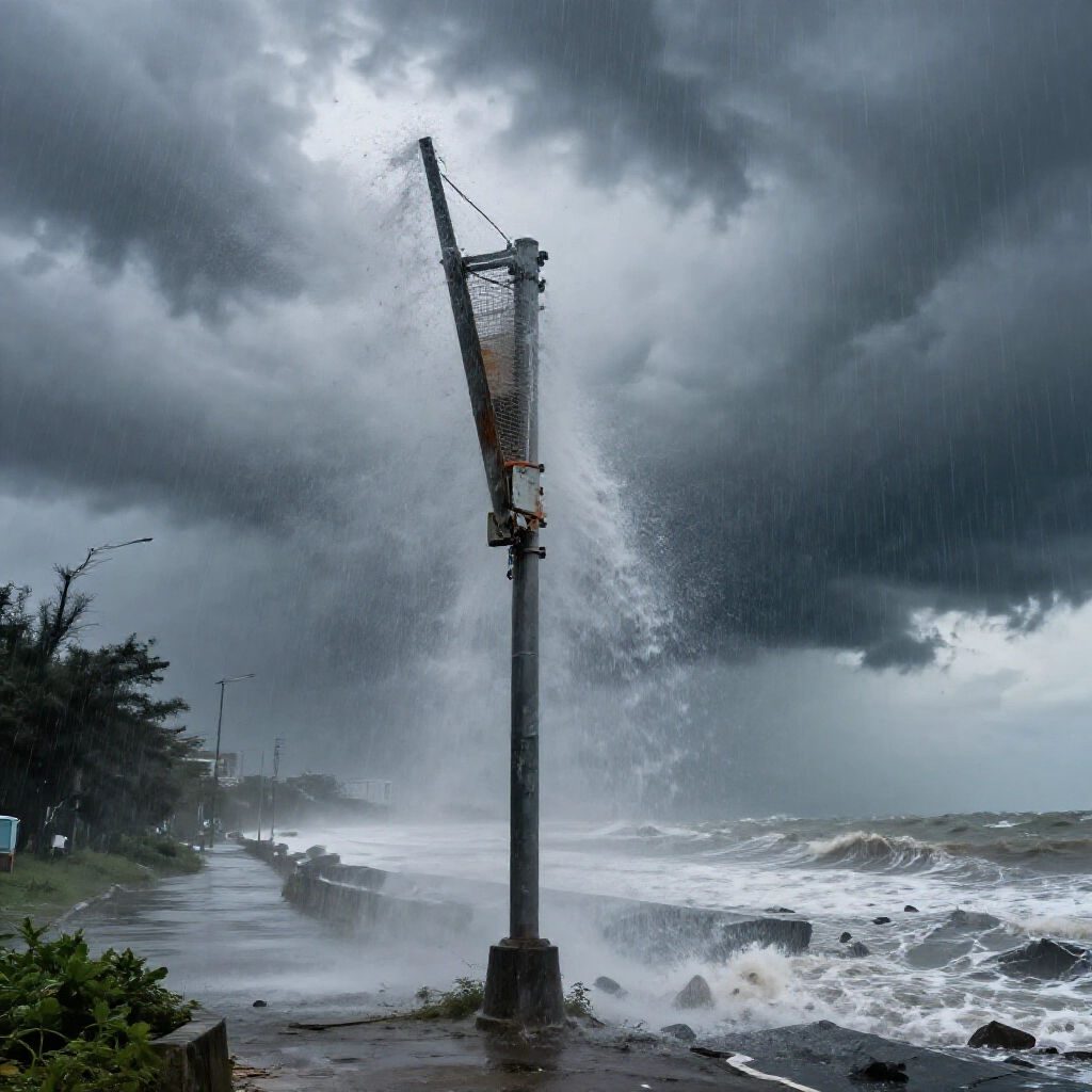 颱風猛襲台灣沿海街道，高聳立柱招牌在強風大雨、暗雲飛濺中金屬彎曲承受巨大風壓