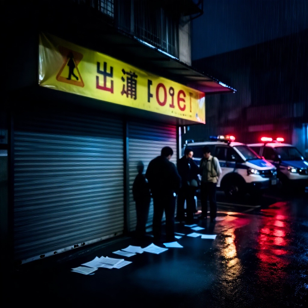 台北雨夜關閉彩券店面，官方警告布條與擔憂店主聚集，警車紅燈閃爍與散落文件，戲劇性藍調陰影