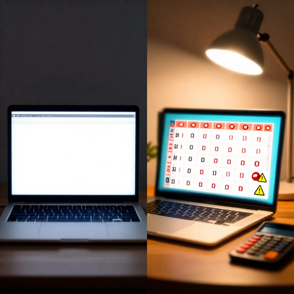 筆電桌面分割畫面,一邊正常樂透賠率,一邊降低擋牌賠率,計算器樂透球與警告圖示在檯燈光芒下