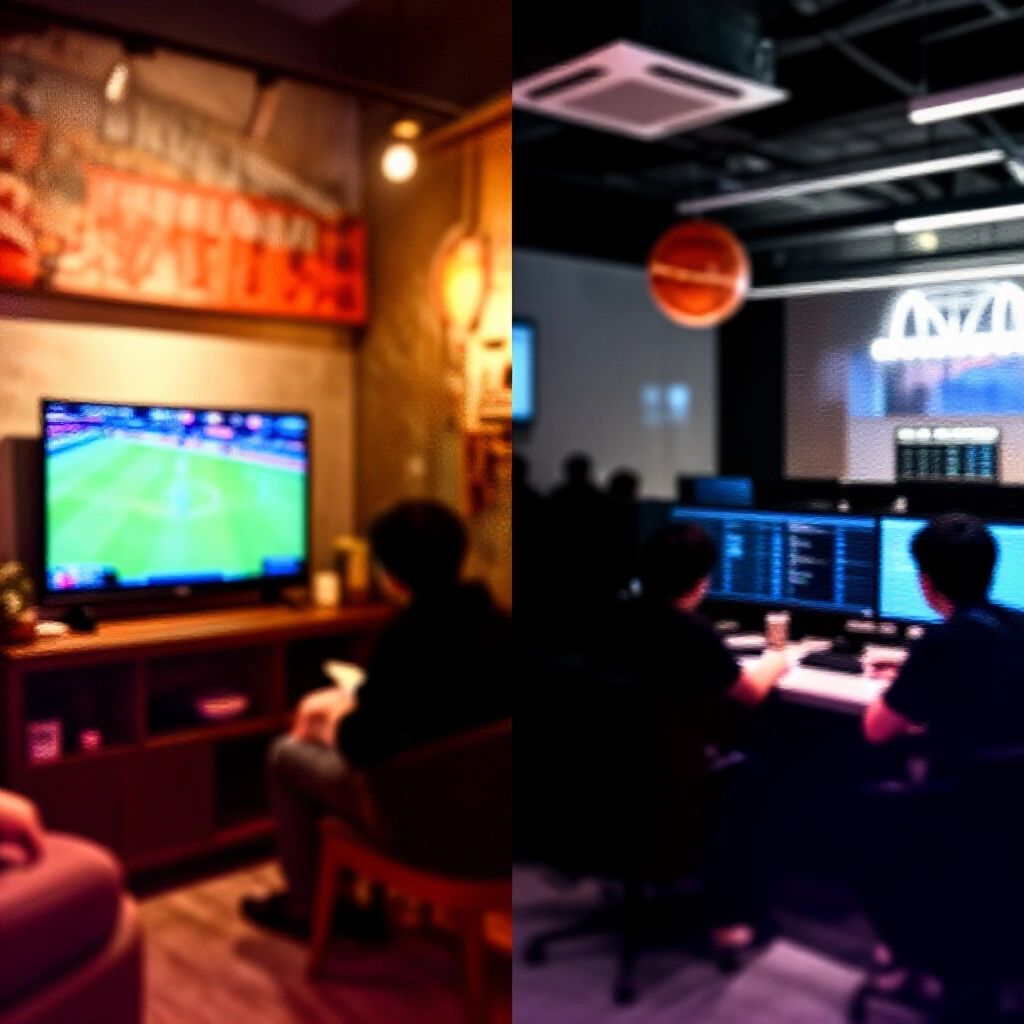 台灣街邊溫馨投注店與全球現代交易室的對比畫面，民眾看比賽與分析師盯螢幕觀看籃球精華