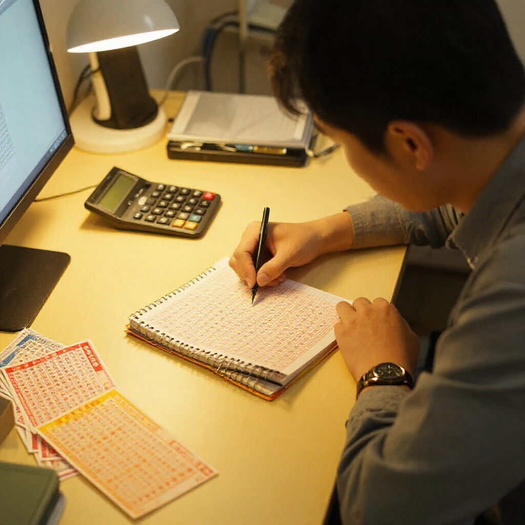 明亮的書房，一位專注成人用筆記本計算彩券組合，溫暖黃光環繞，紅黃台灣彩券票散落，計算機置旁，專業氛圍