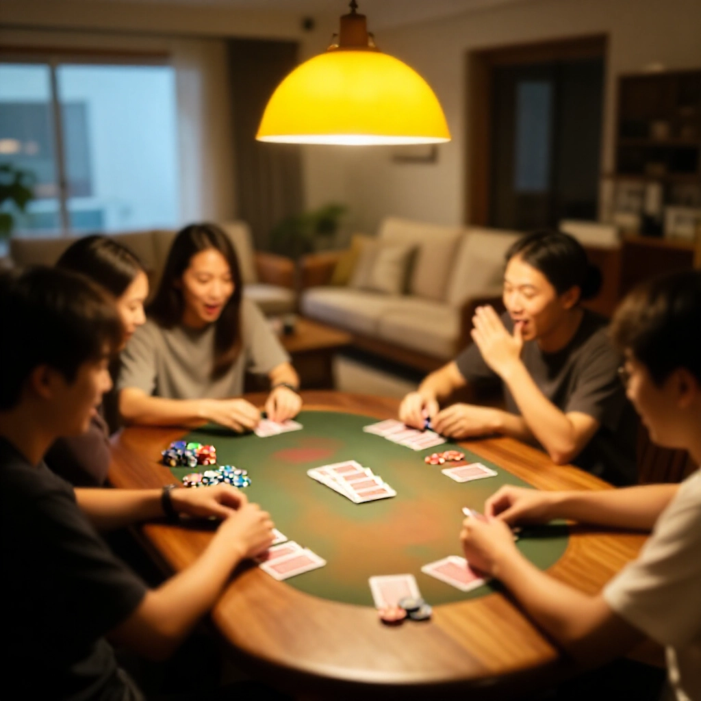 舒適台灣客廳,朋友圍木製撲克桌,在溫暖吊燈下發十三張手牌,興奮臉龐與散落籌碼