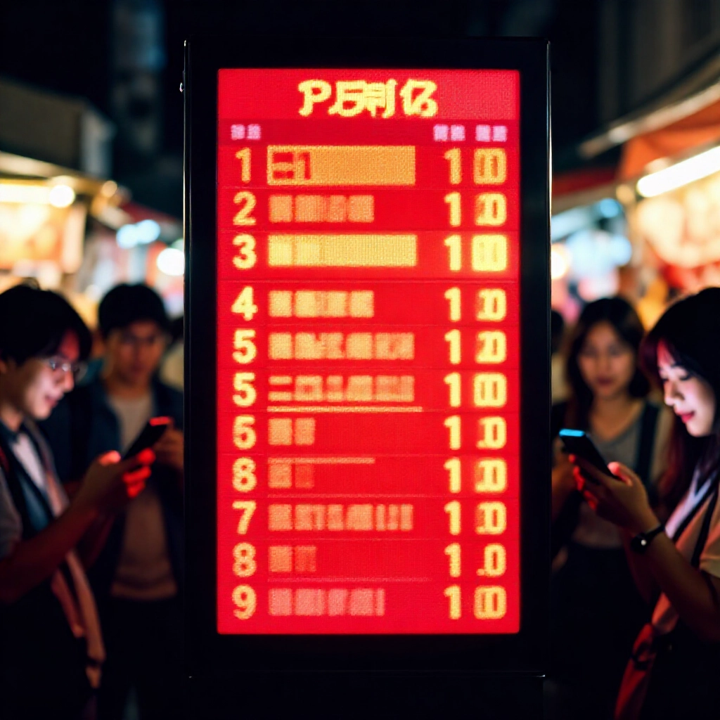 光滑數位螢幕發光，顯示鮮豔樂透開獎結果，以紅金色調，周圍興奮台灣通勤族在夜市檢查手機