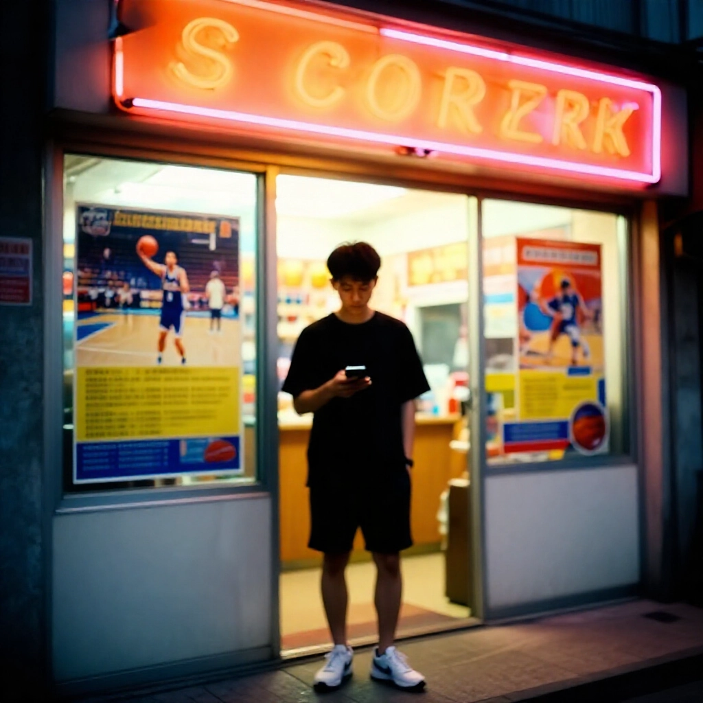 年輕台灣男子在黃昏霓虹燈籃球運彩店門口猶豫站立，手持智慧手機，櫥窗貼滿籃球比賽海報，街燈溫暖照亮