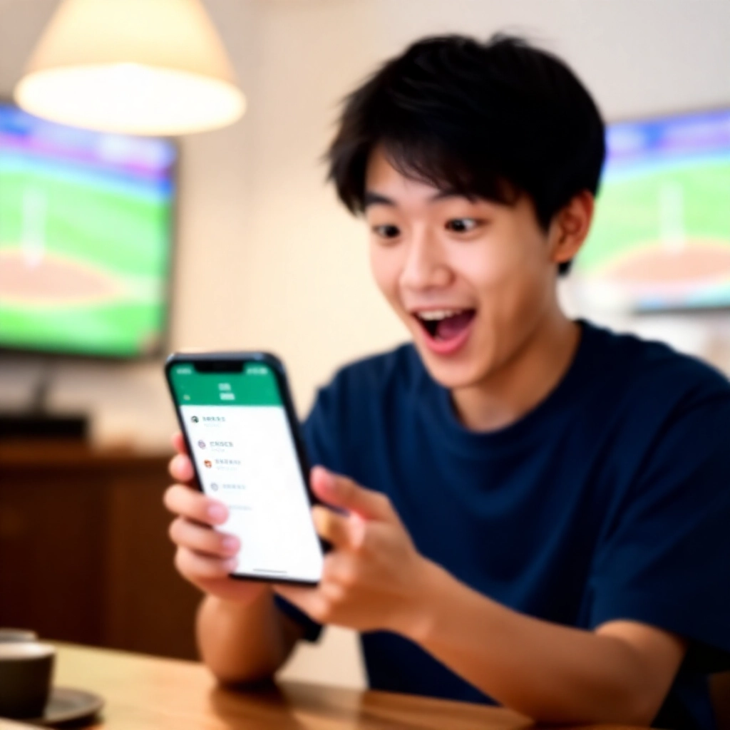 年輕台灣新手投注者興奮地看著手機螢幕上的運動彩券App，顯示基本投注術語，背景有棒球比賽精華與明亮客廳燈光