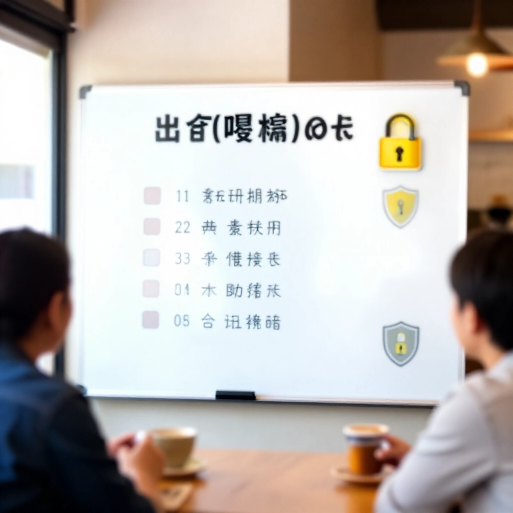 明亮白板顯示防詐騙檢查表，安全鎖頭、盾牌與警示圖示，台灣咖啡廳日光下群組討論