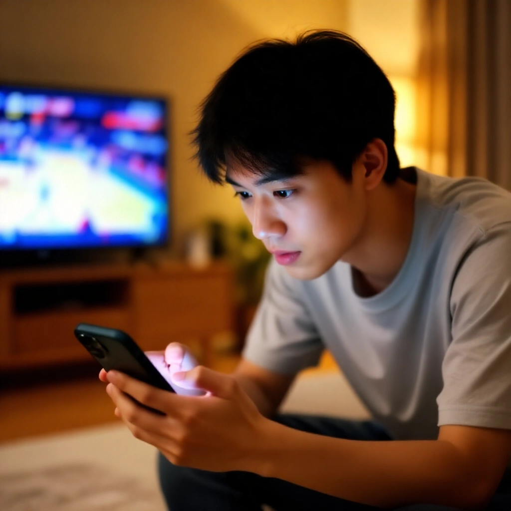 一位好奇的年輕台灣男子在舒適客廳中，傾身查看手機上色彩繽紛的體育投注賠率，背景有籃球賽事精華，溫暖燈光營造學習氛圍