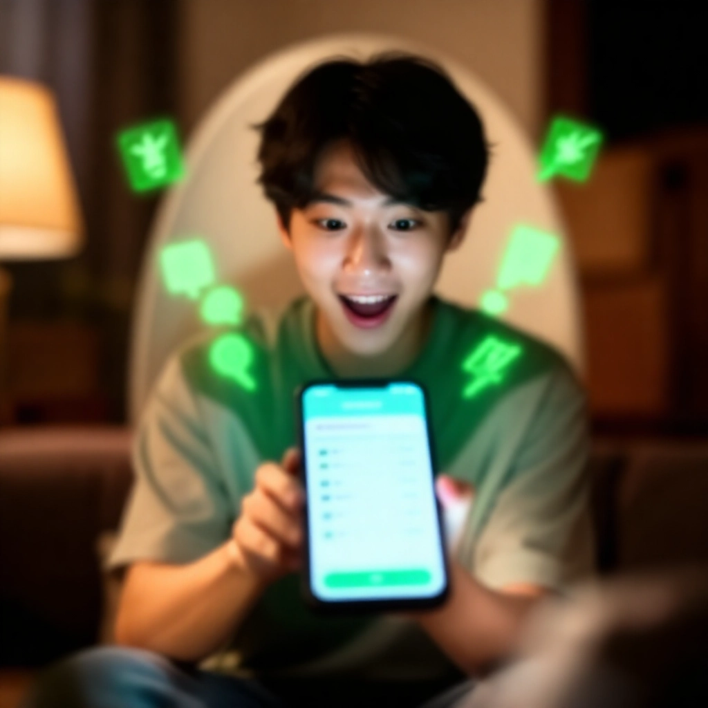 年輕台灣投注新手在溫馨客廳柔和燈光下興奮使用手機探索過關組合功能，螢幕閃耀綠色成功圖示環繞